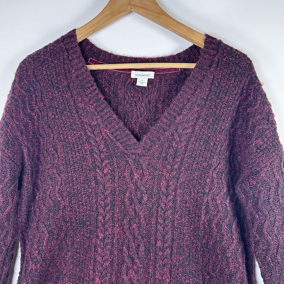 Sundance Womens Small Cable Knit Sweater Burgundy Red V Neck Cotton Blend Boho - Picture 2 of 10